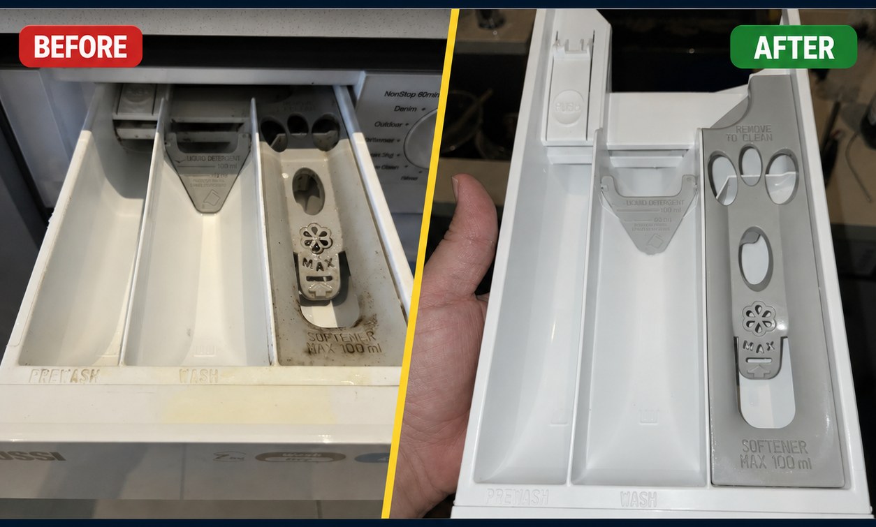 Detergent drawer clean — before and after, Spin Fresh