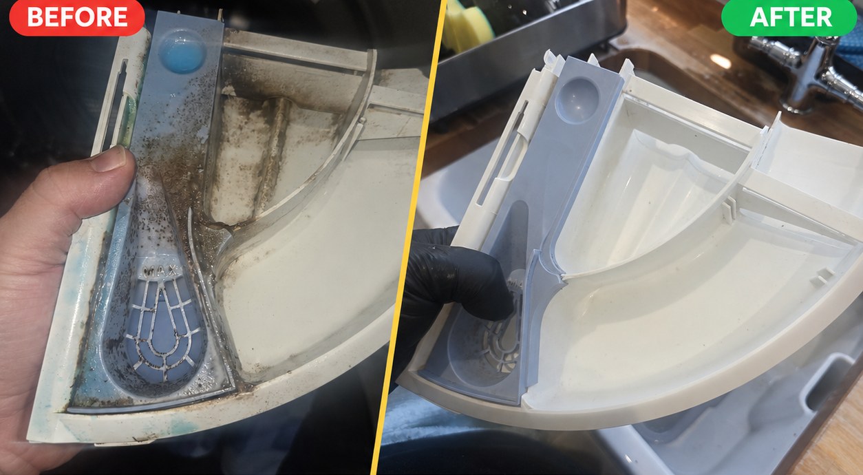 Detergent drawer clean — before and after, Spin Fresh