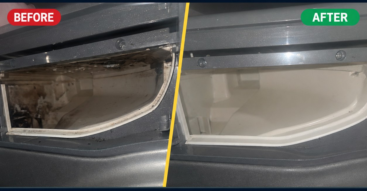Detergent drawer clean — before and after, Spin Fresh