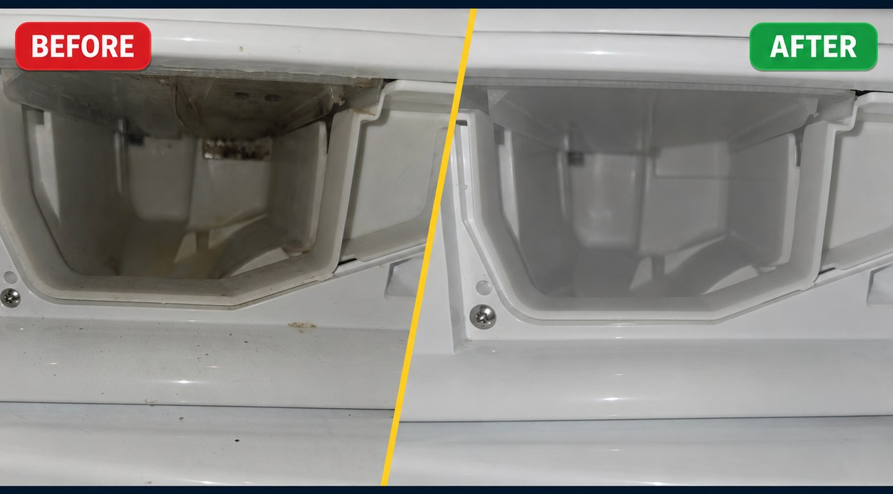 Drawer recess clean — before and after, Spin Fresh
