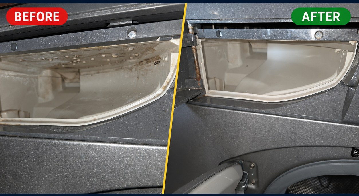 Drawer recess clean — before and after, Spin Fresh