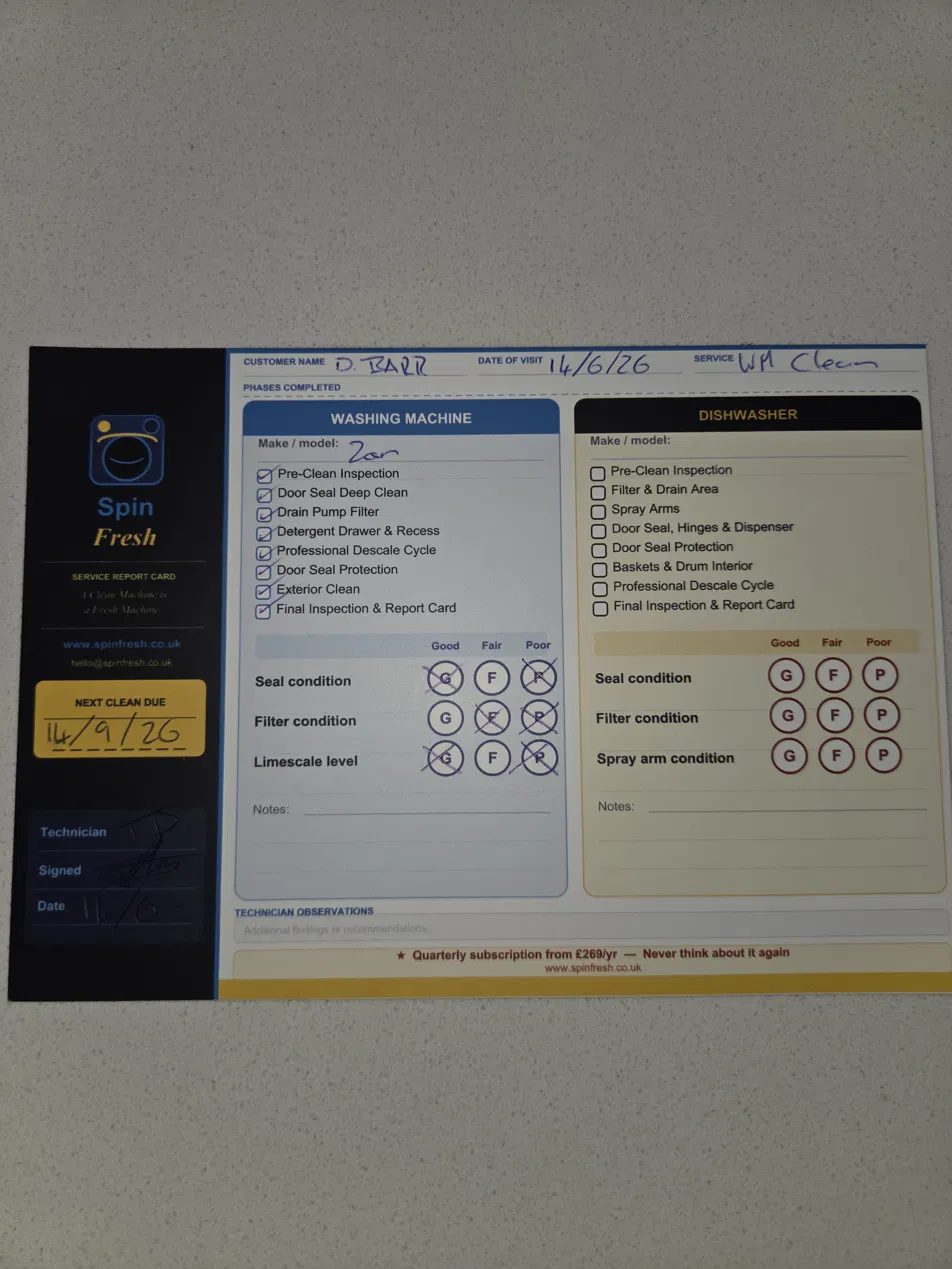 Spin Fresh service report card close up